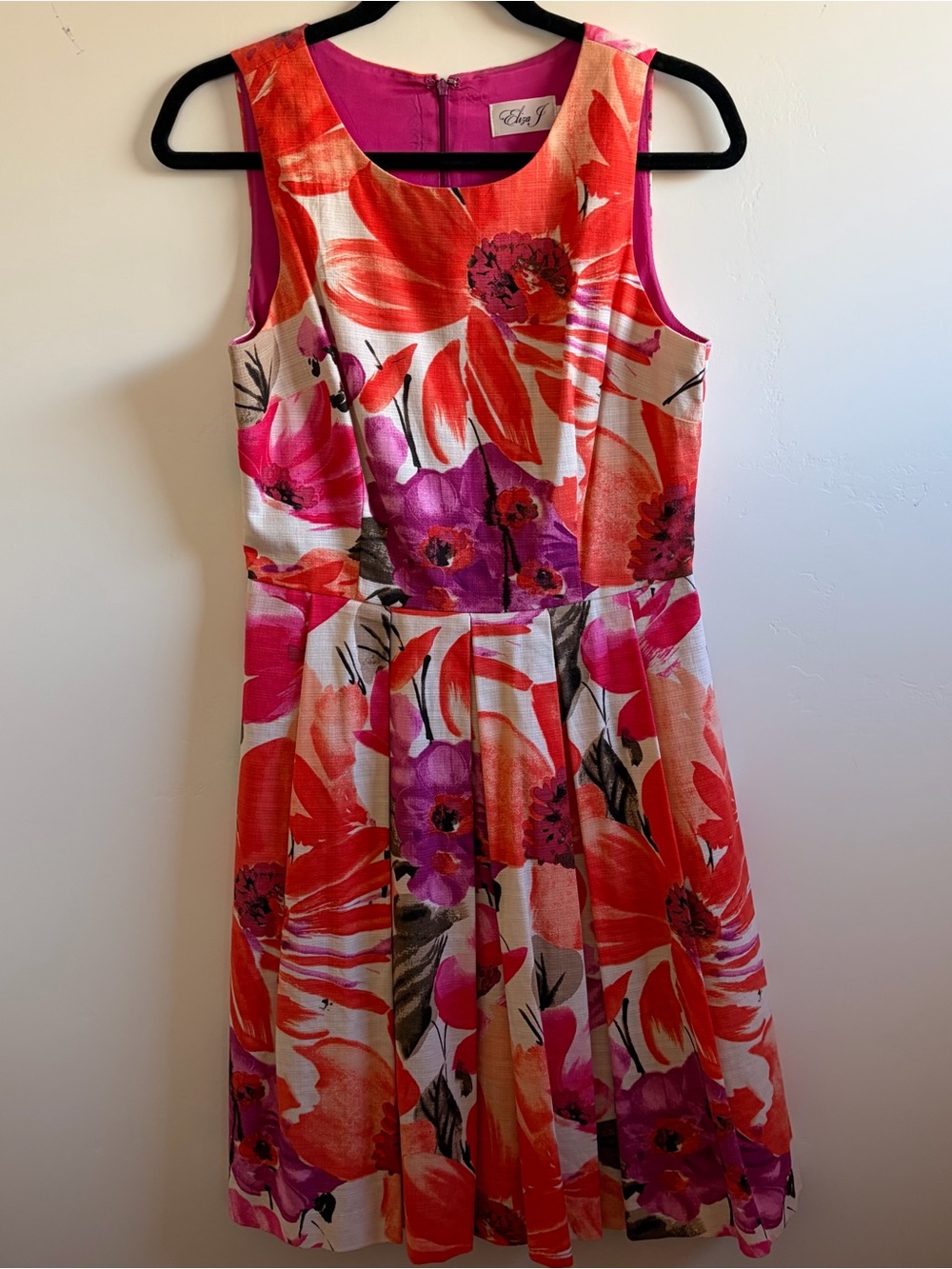 Eliza J Coral and Fuchsia Floral Midi Dress